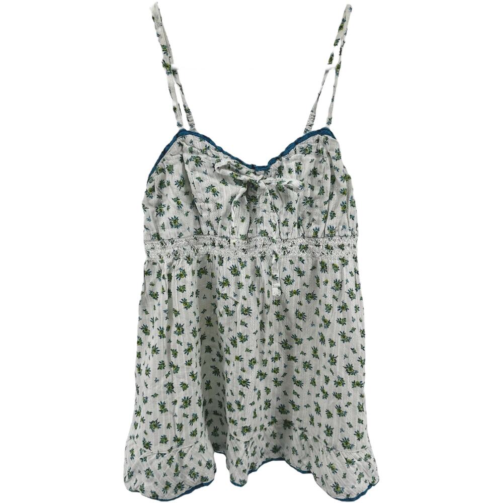Decree Babydoll Camisole Tank y2k Bow Front Lace Sweetheart Floral White Green S